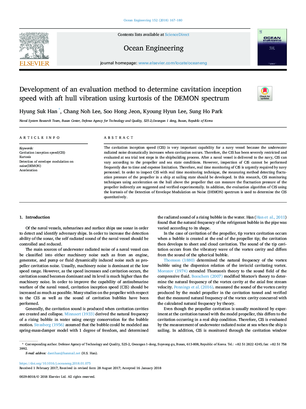 Development of an evaluation method to determine cavitation inception speed with aft hull vibration using kurtosis of the DEMON spectrum