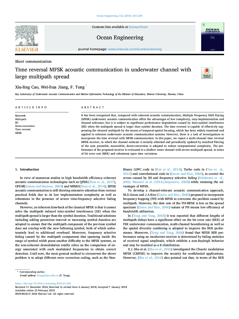 Time reversal MFSK acoustic communication in underwater channel with large multipath spread