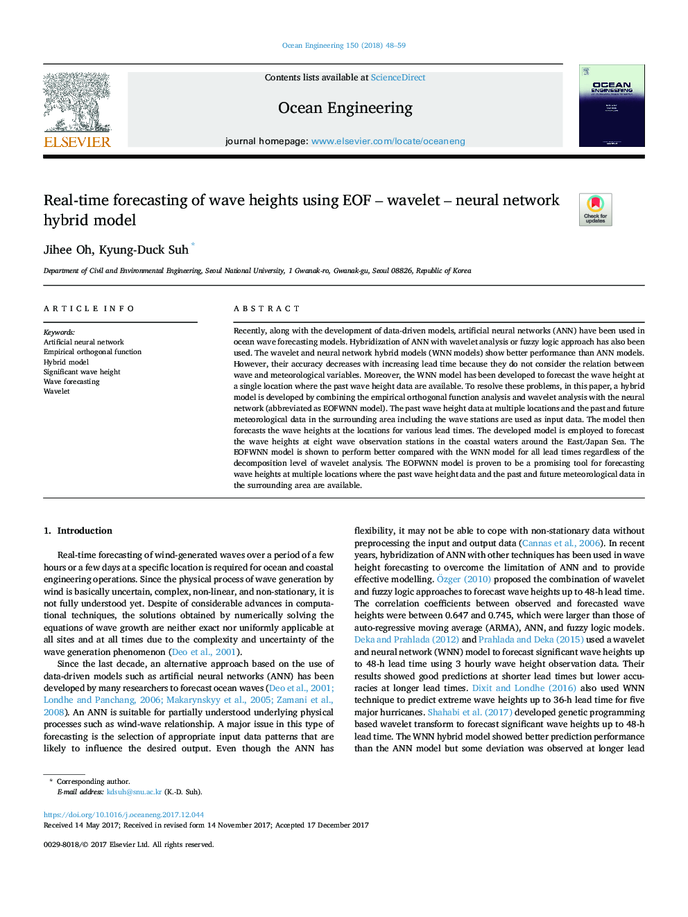 Real-time forecasting of wave heights using EOF - wavelet - neural network hybrid model