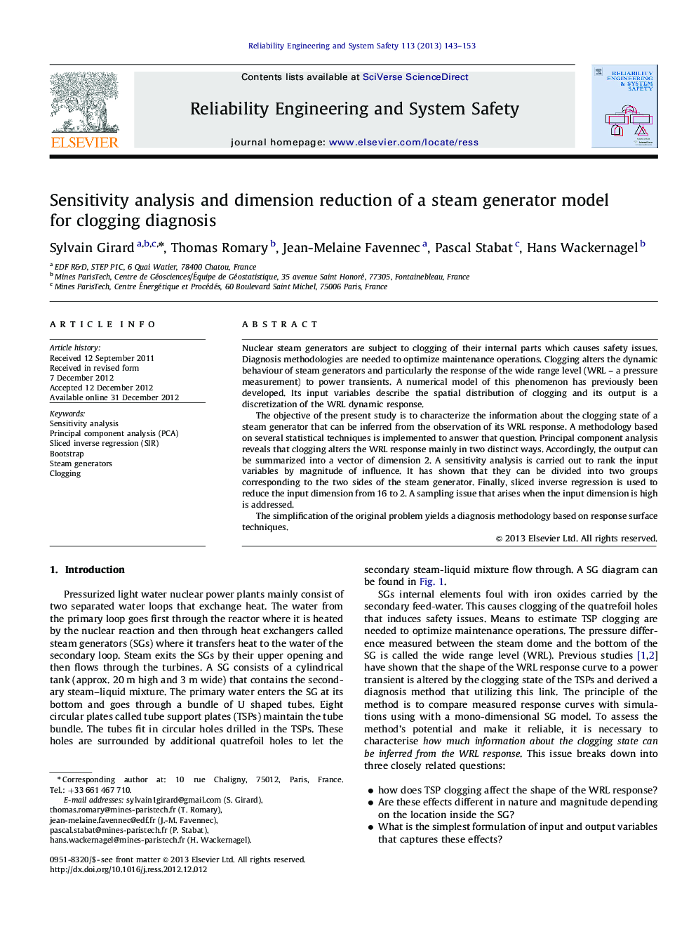 Sensitivity analysis and dimension reduction of a steam generator model for clogging diagnosis