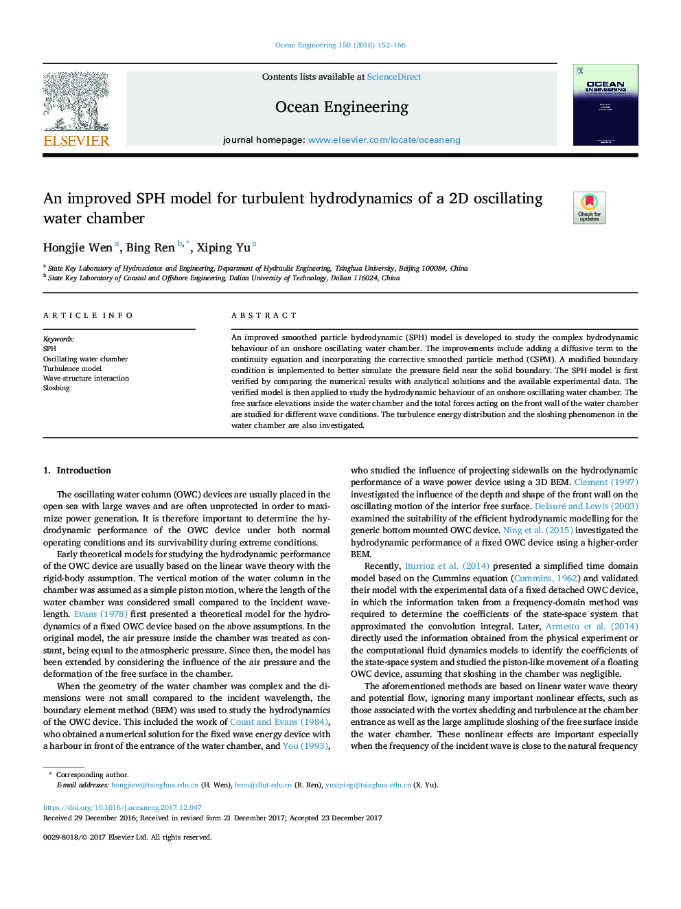 An improved SPH model for turbulent hydrodynamics of a 2D oscillating water chamber