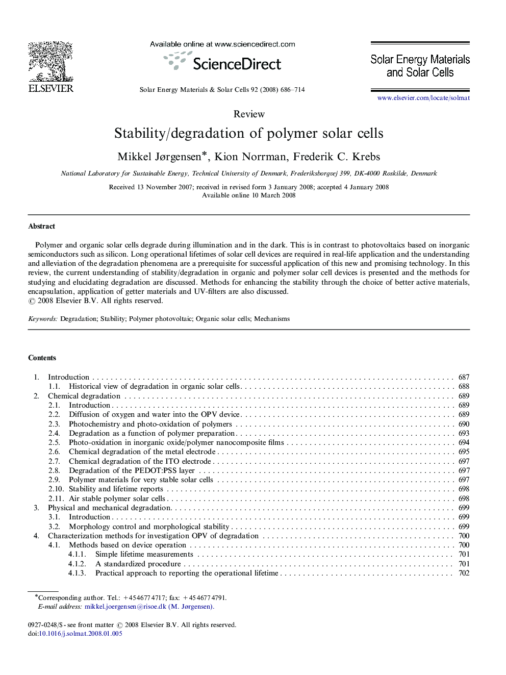 Stability/degradation of polymer solar cells