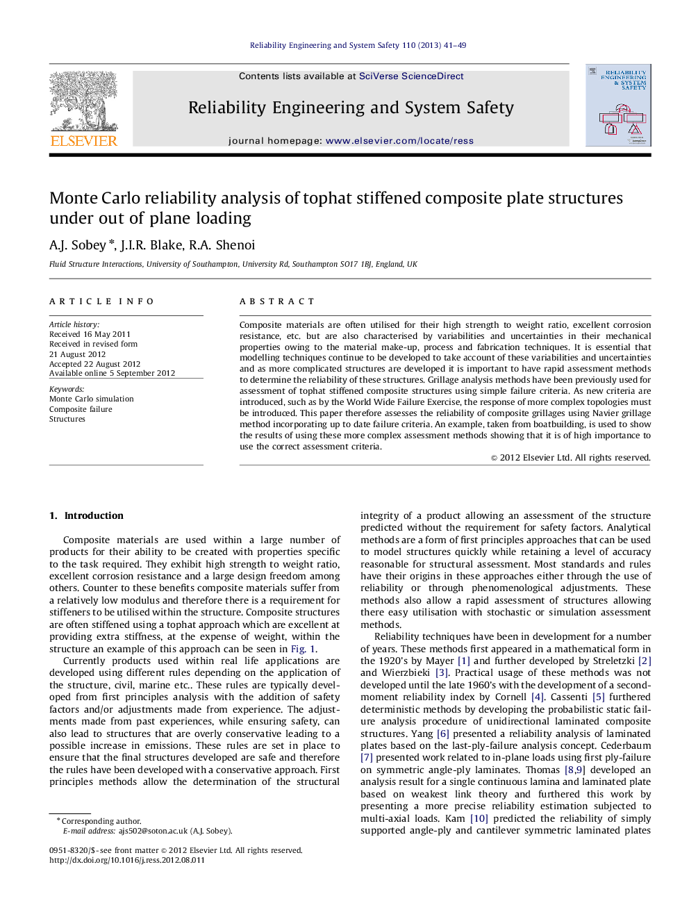 Monte Carlo reliability analysis of tophat stiffened composite plate structures under out of plane loading