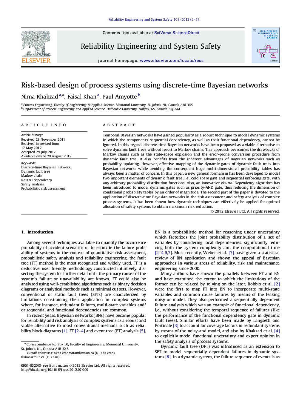 Risk-based design of process systems using discrete-time Bayesian networks