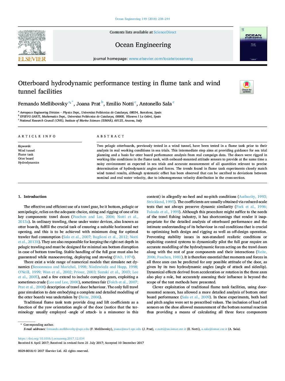 Otterboard hydrodynamic performance testing in flume tank and wind tunnel facilities