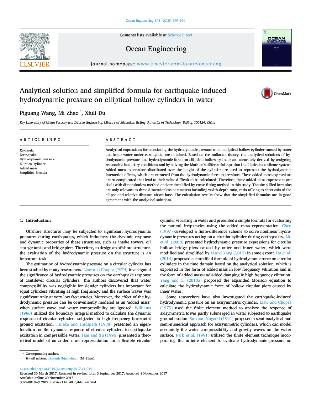 Analytical solution and simplified formula for earthquake induced hydrodynamic pressure on elliptical hollow cylinders in water