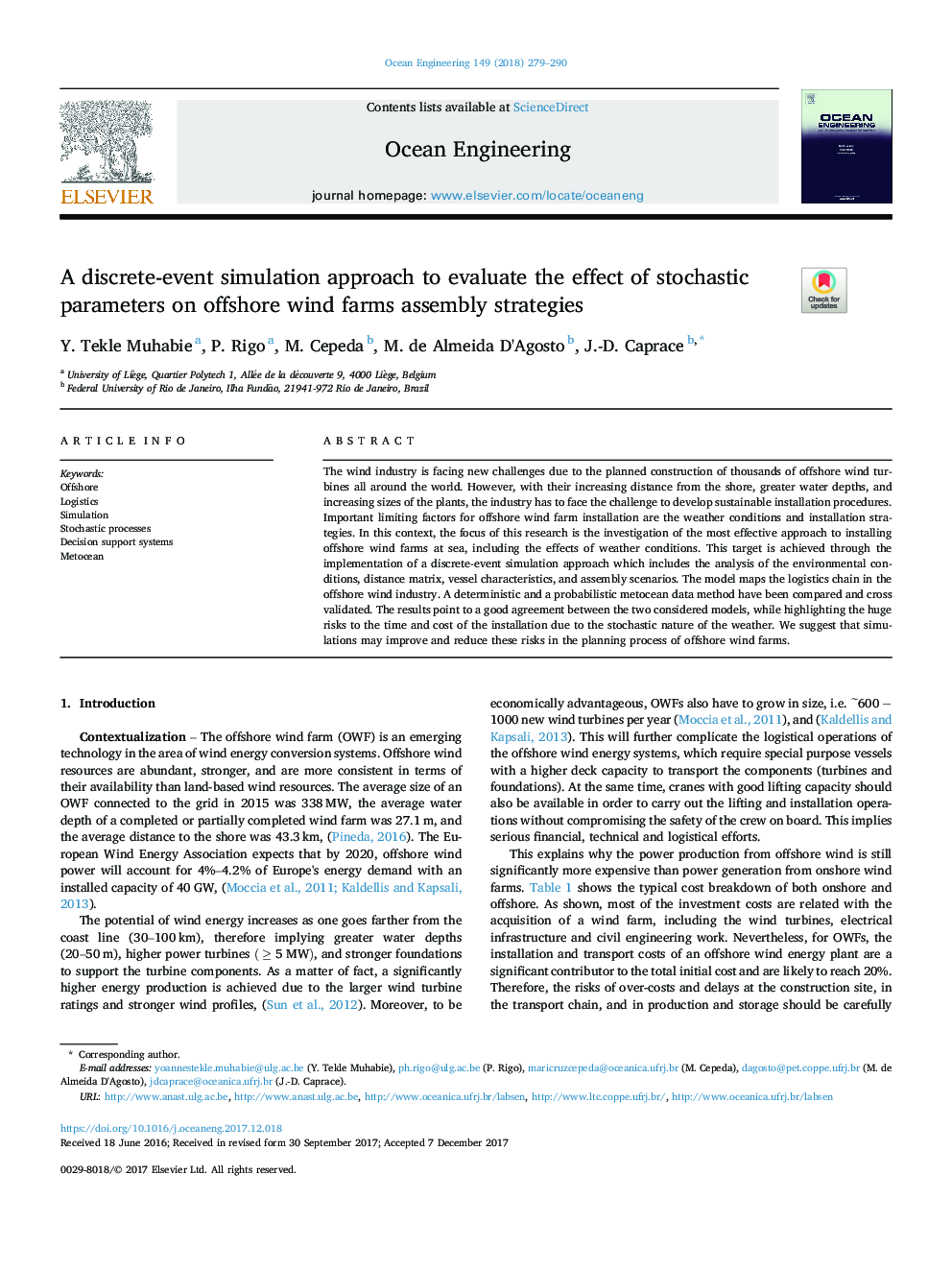 A discrete-event simulation approach to evaluate the effect of stochastic parameters on offshore wind farms assembly strategies