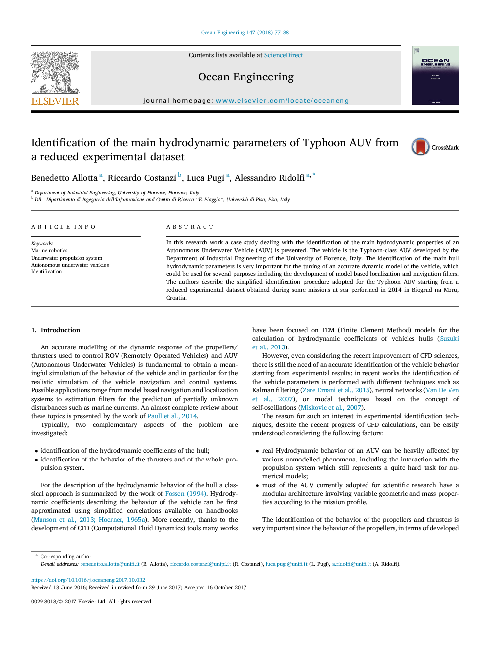 Identification of the main hydrodynamic parameters of Typhoon AUV from a reduced experimental dataset