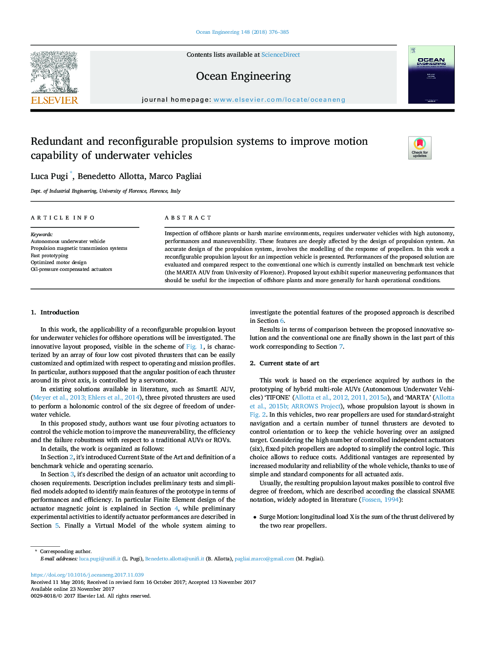 Redundant and reconfigurable propulsion systems to improve motion capability of underwater vehicles