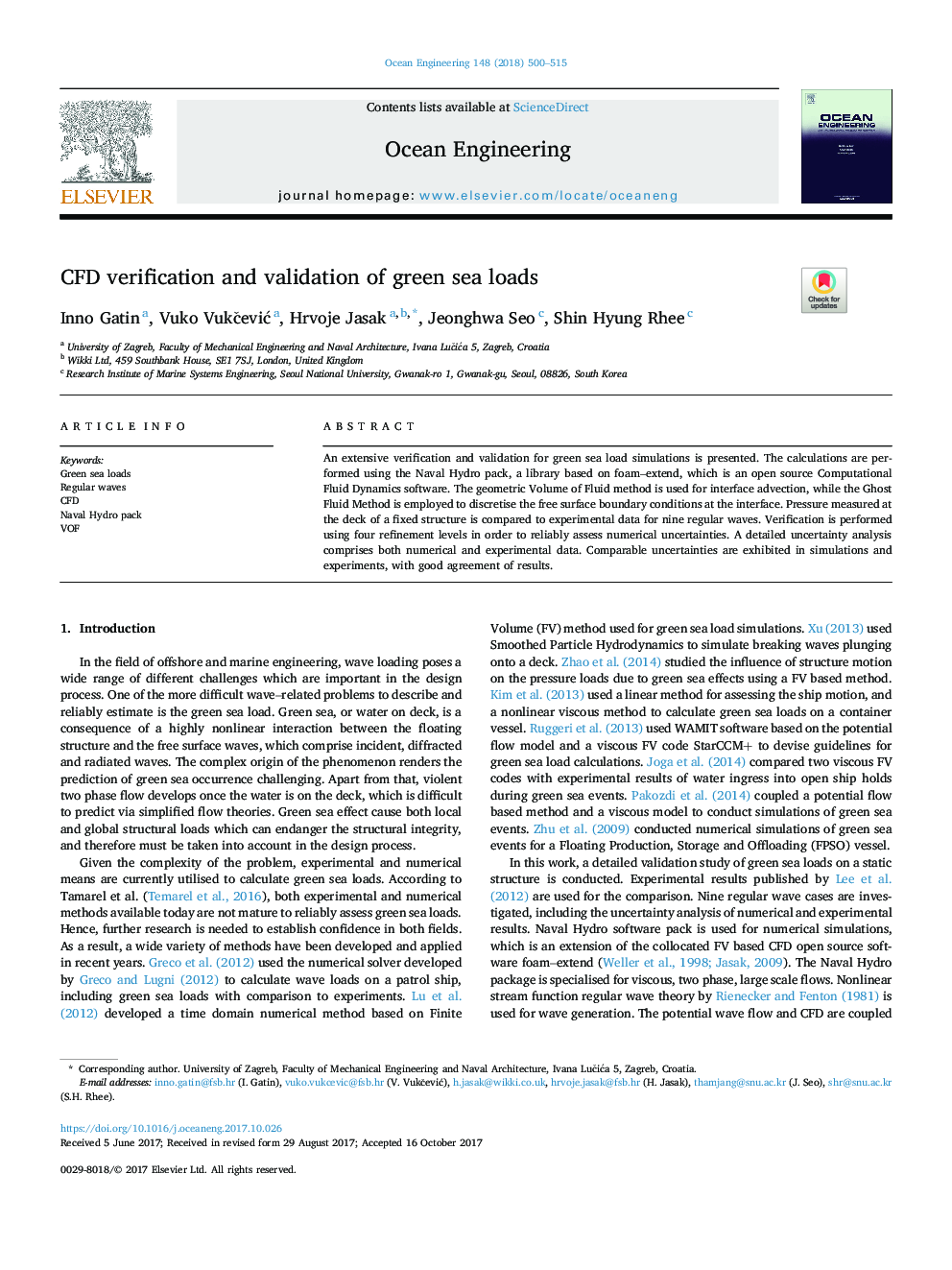 CFD verification and validation of green sea loads