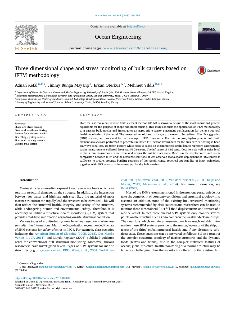 Three dimensional shape and stress monitoring of bulk carriers based on iFEM methodology