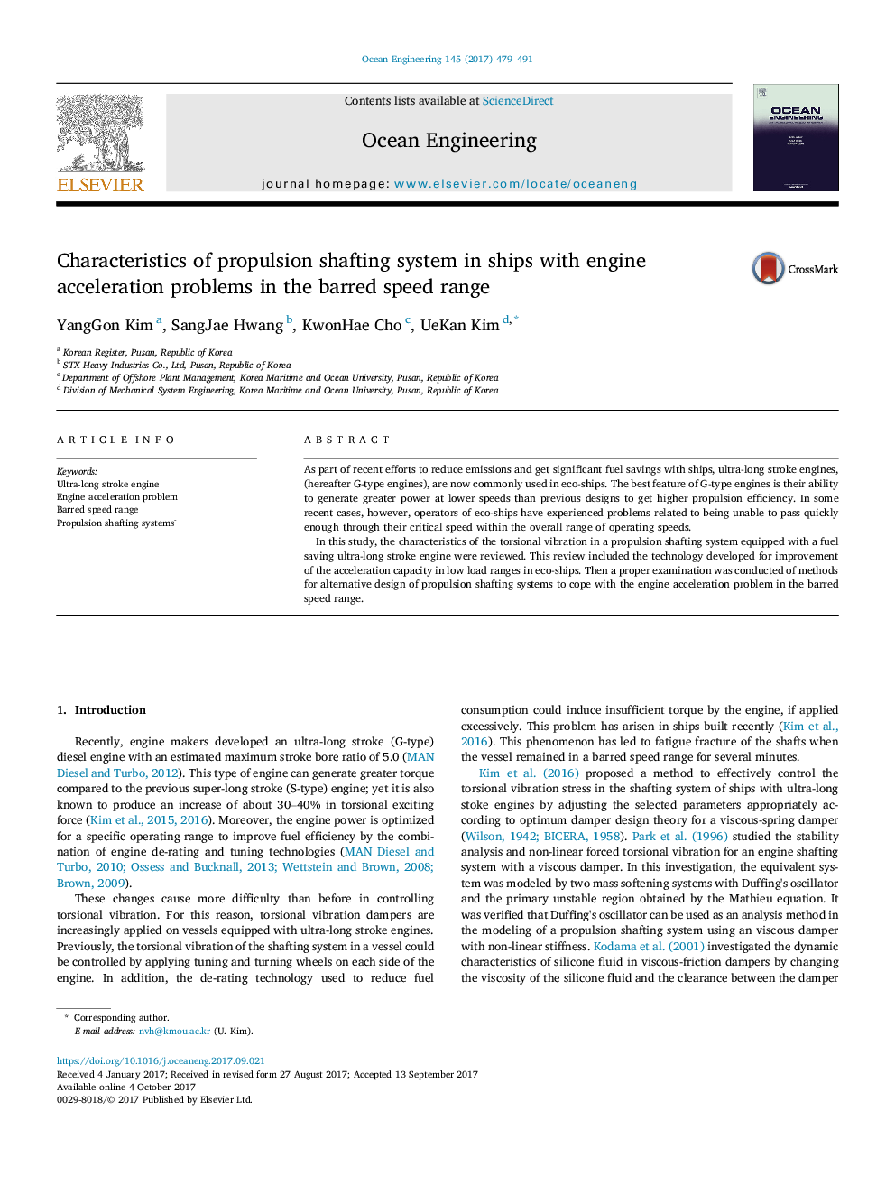 Characteristics of propulsion shafting system in ships with engine acceleration problems in the barred speed range