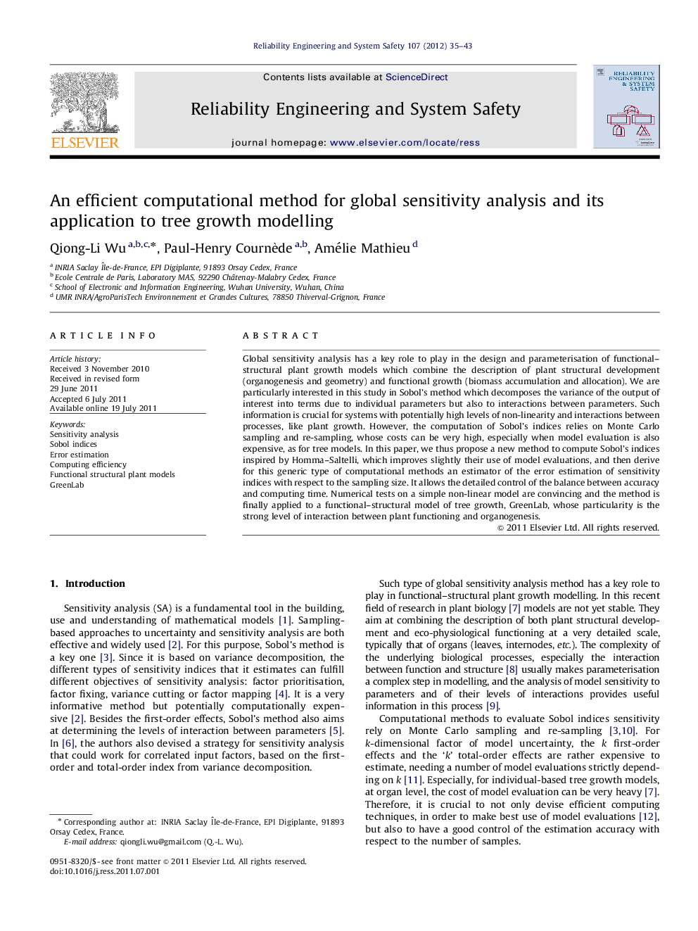 An efficient computational method for global sensitivity analysis and its application to tree growth modelling