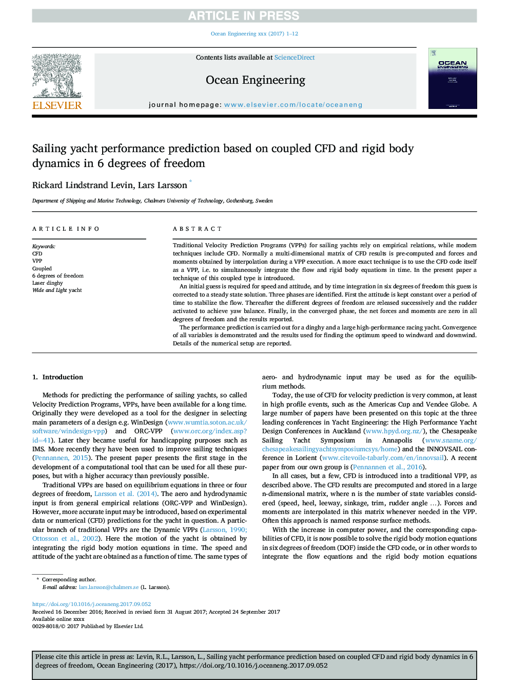 Sailing yacht performance prediction based on coupled CFD and rigid body dynamics in 6 degrees of freedom