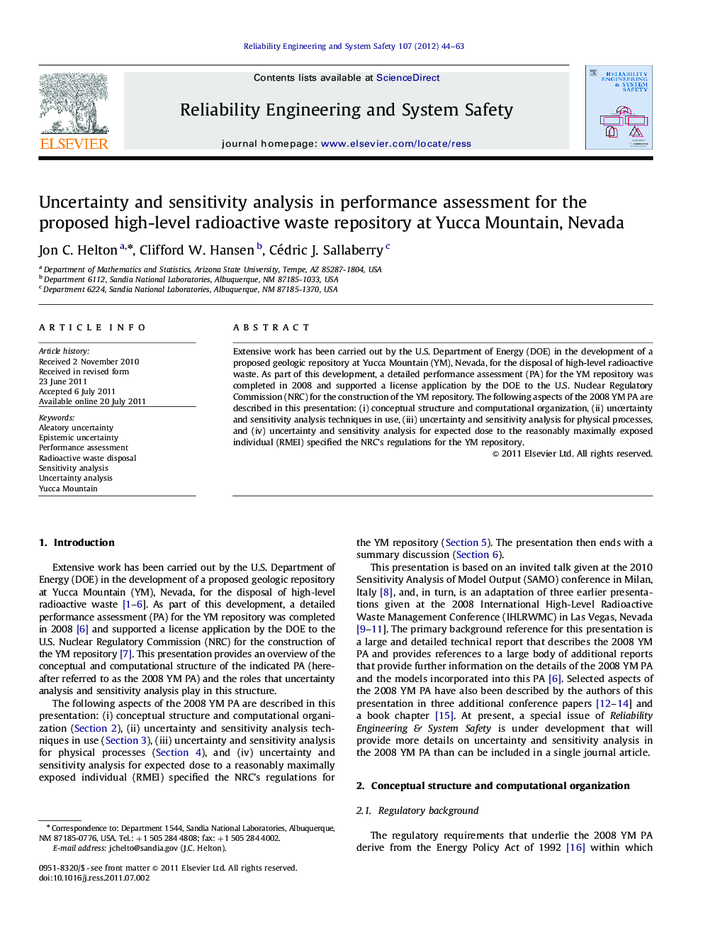 Uncertainty and sensitivity analysis in performance assessment for the proposed high-level radioactive waste repository at Yucca Mountain, Nevada