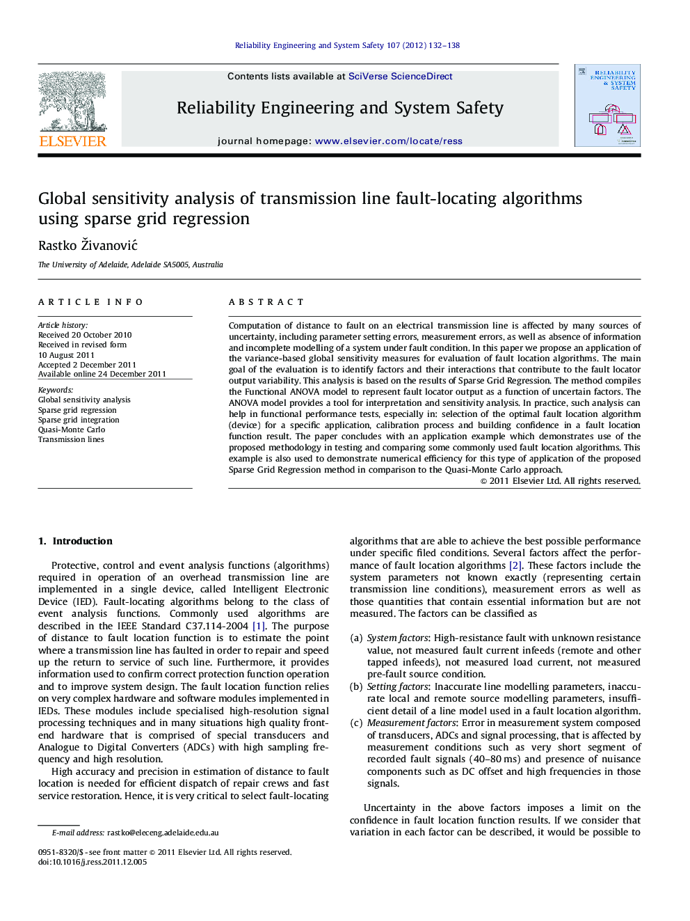 عکس صفحه اول مقاله: Global sensitivity analysis of transmission line fault-locating algorithms using sparse grid regression Global sensitivity analysis of transmission line fault-locating algorithms using sparse grid regression