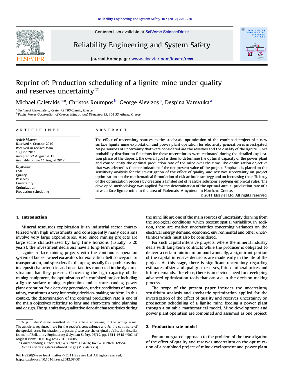 Reprint of: Production scheduling of a lignite mine under quality and reserves uncertainty 