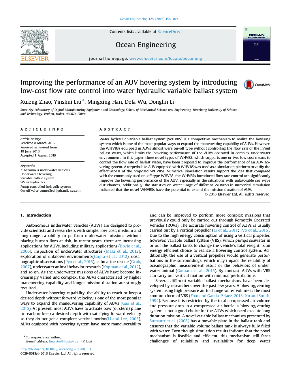 Improving the performance of an AUV hovering system by introducing low-cost flow rate control into water hydraulic variable ballast system