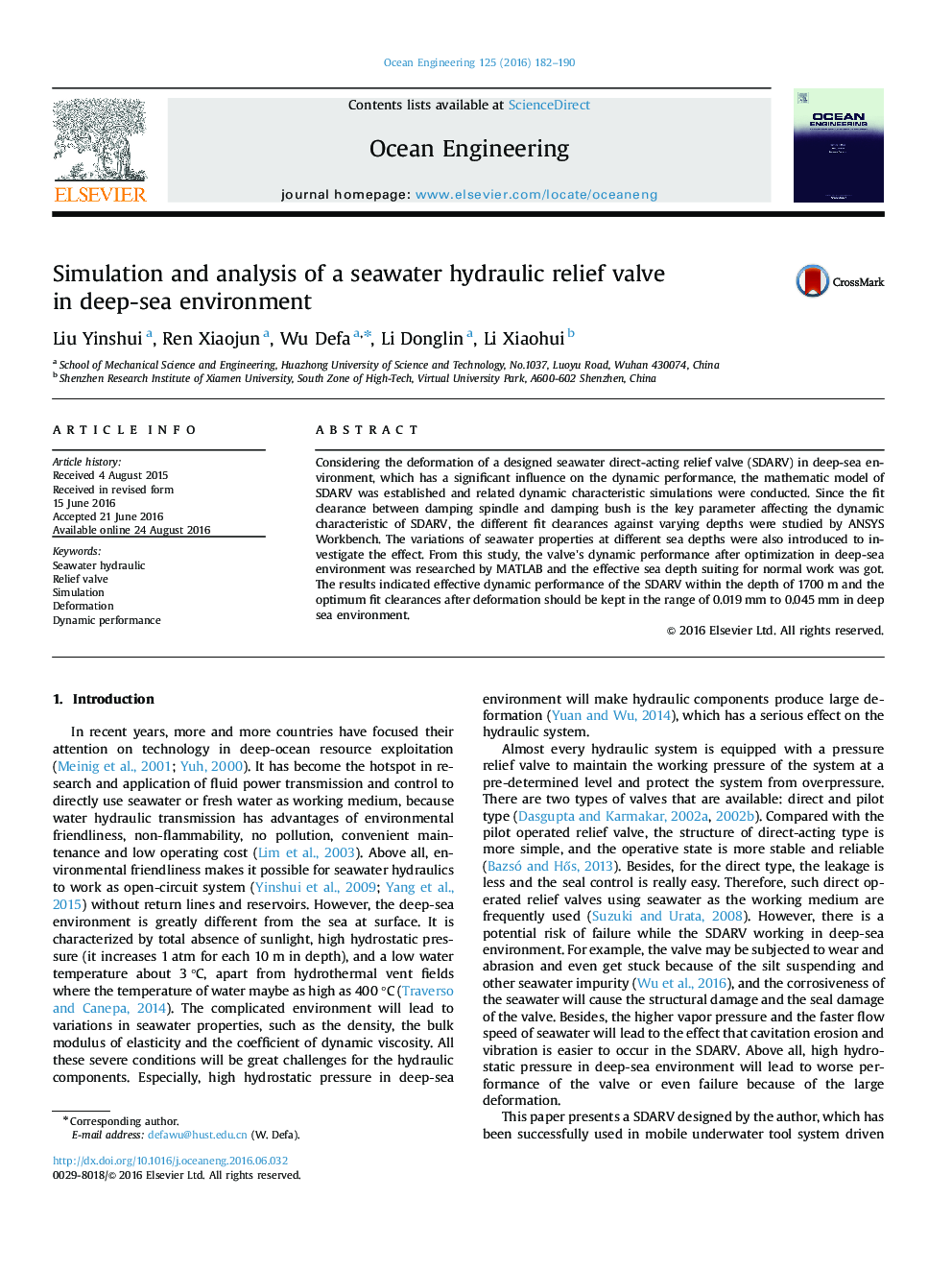 Simulation and analysis of a seawater hydraulic relief valve in deep-sea environment