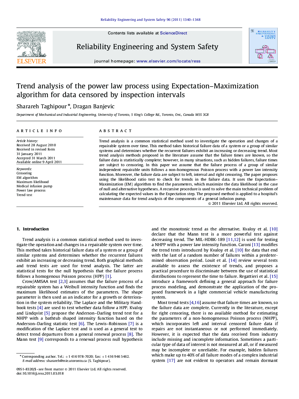 Trend analysis of the power law process using Expectation–Maximization algorithm for data censored by inspection intervals