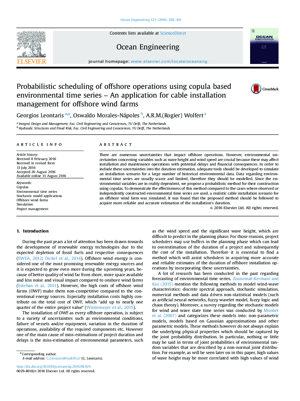 Probabilistic scheduling of offshore operations using copula based environmental time series - An application for cable installation management for offshore wind farms