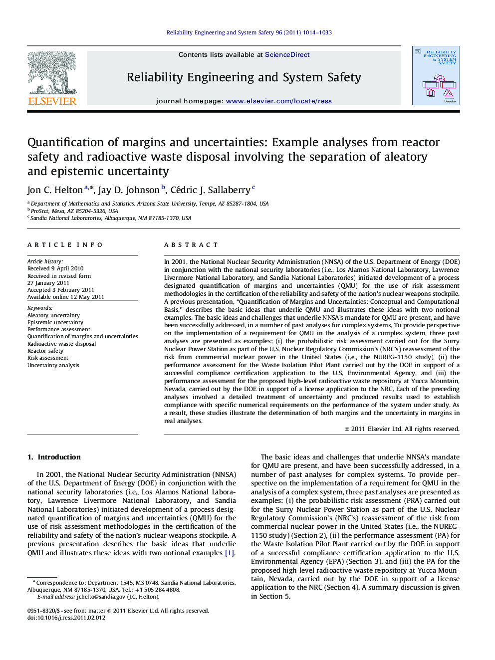 Quantification of margins and uncertainties: Example analyses from reactor safety and radioactive waste disposal involving the separation of aleatory and epistemic uncertainty