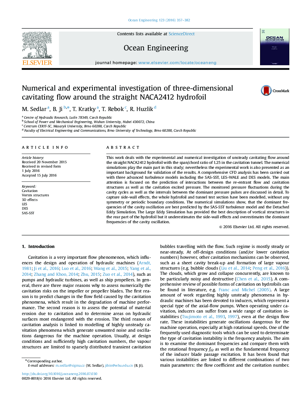 Numerical and experimental investigation of three-dimensional cavitating flow around the straight NACA2412 hydrofoil