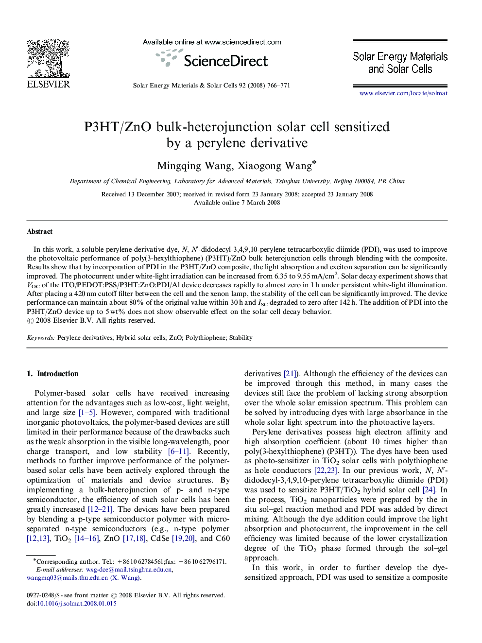 P3HT/ZnO bulk-heterojunction solar cell sensitized by a perylene derivative