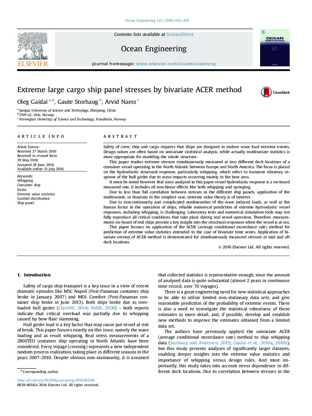 Extreme large cargo ship panel stresses by bivariate ACER method