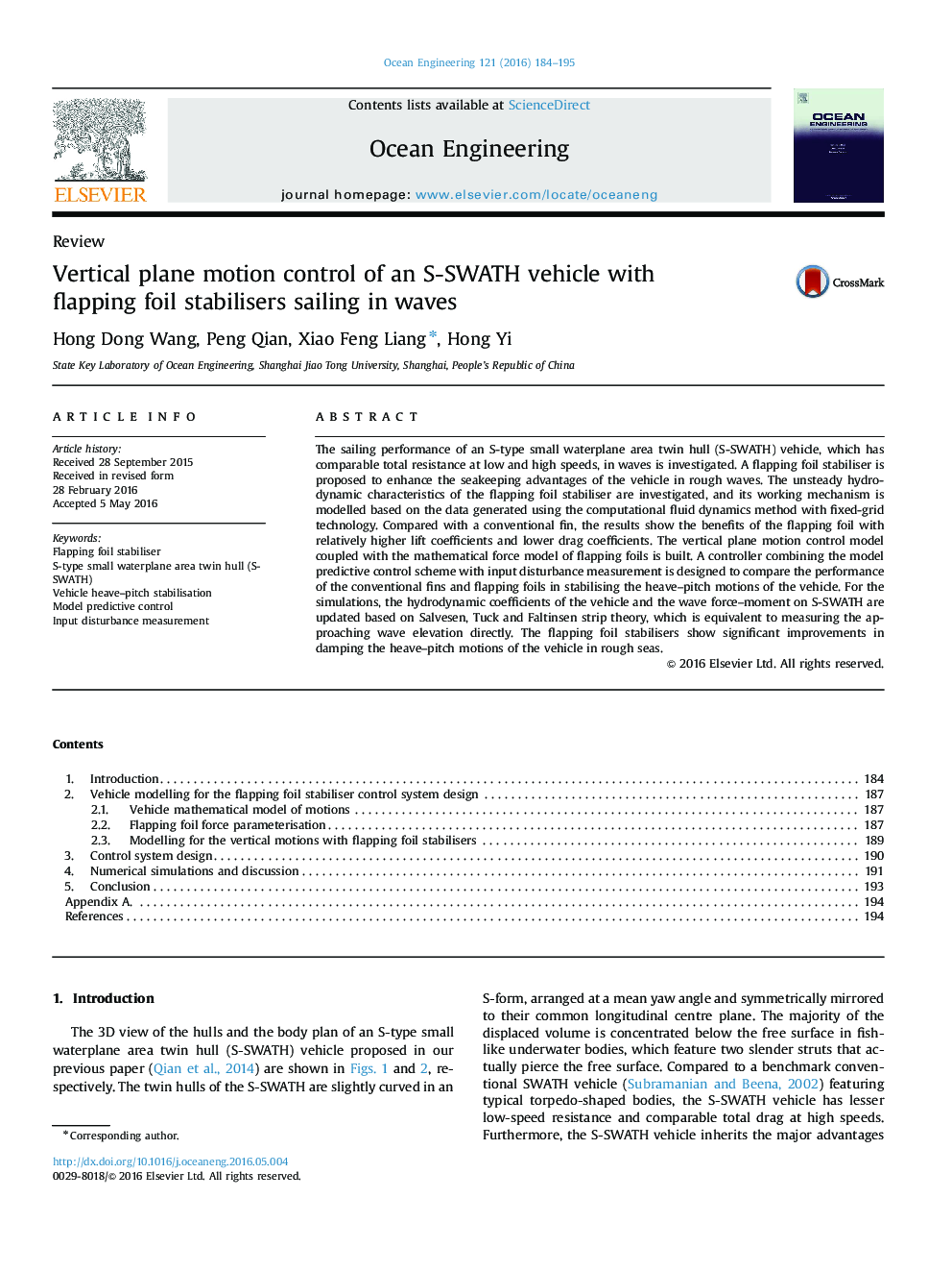 Vertical plane motion control of an S-SWATH vehicle with flapping foil stabilisers sailing in waves