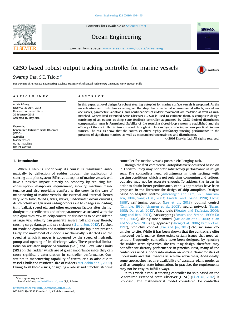 GESO based robust output tracking controller for marine vessels