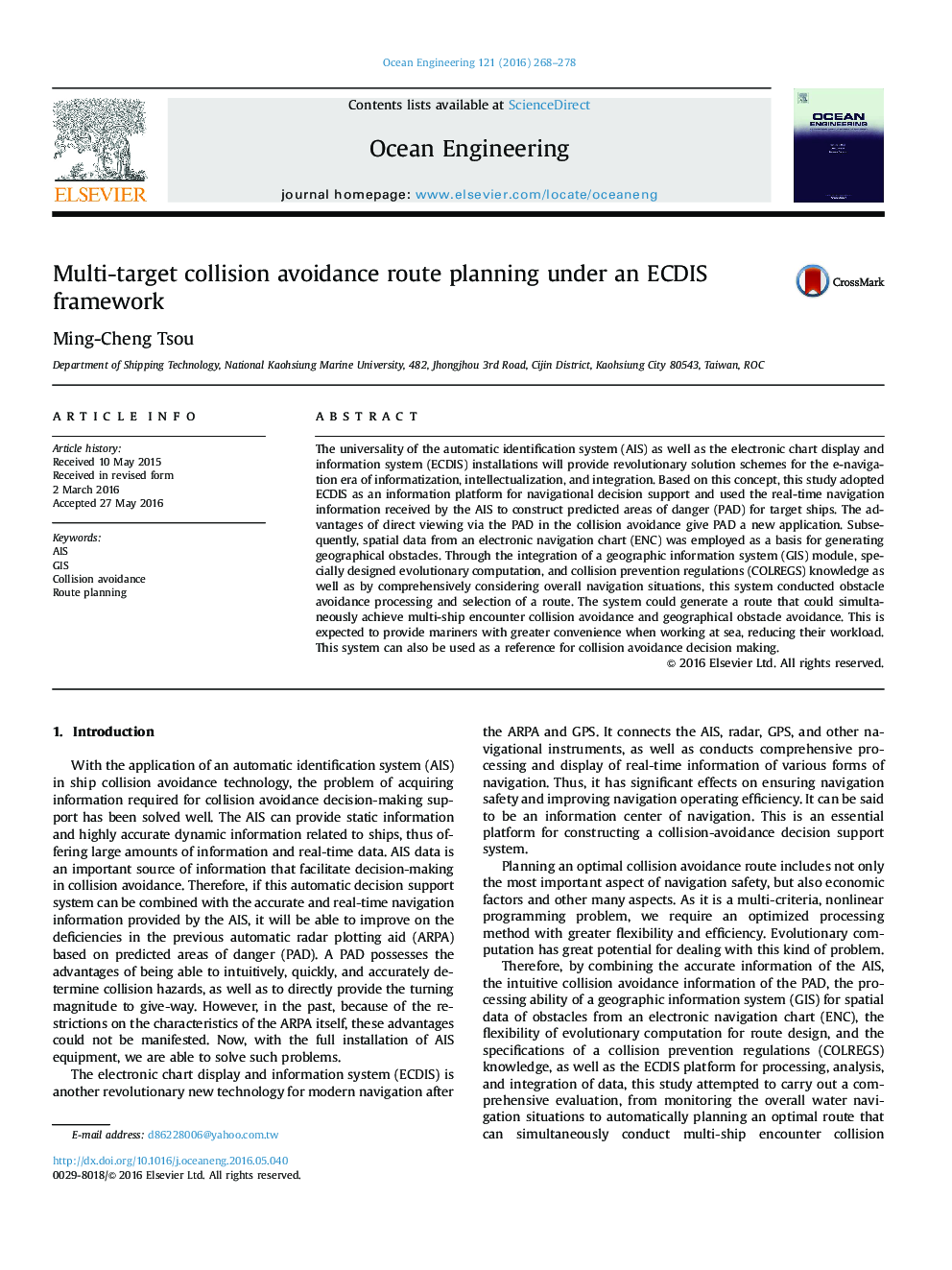 Multi-target collision avoidance route planning under an ECDIS framework