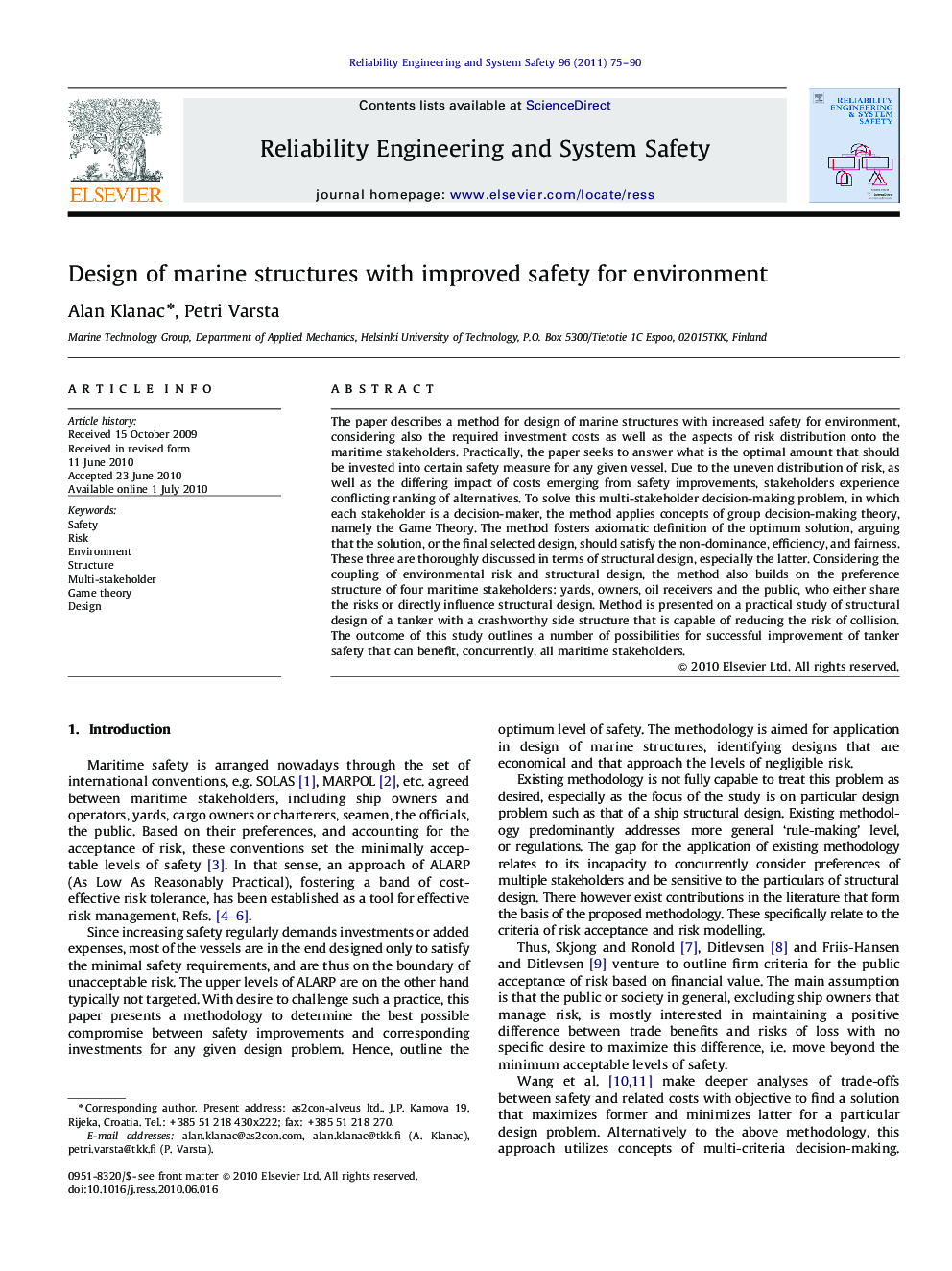 Design of marine structures with improved safety for environment