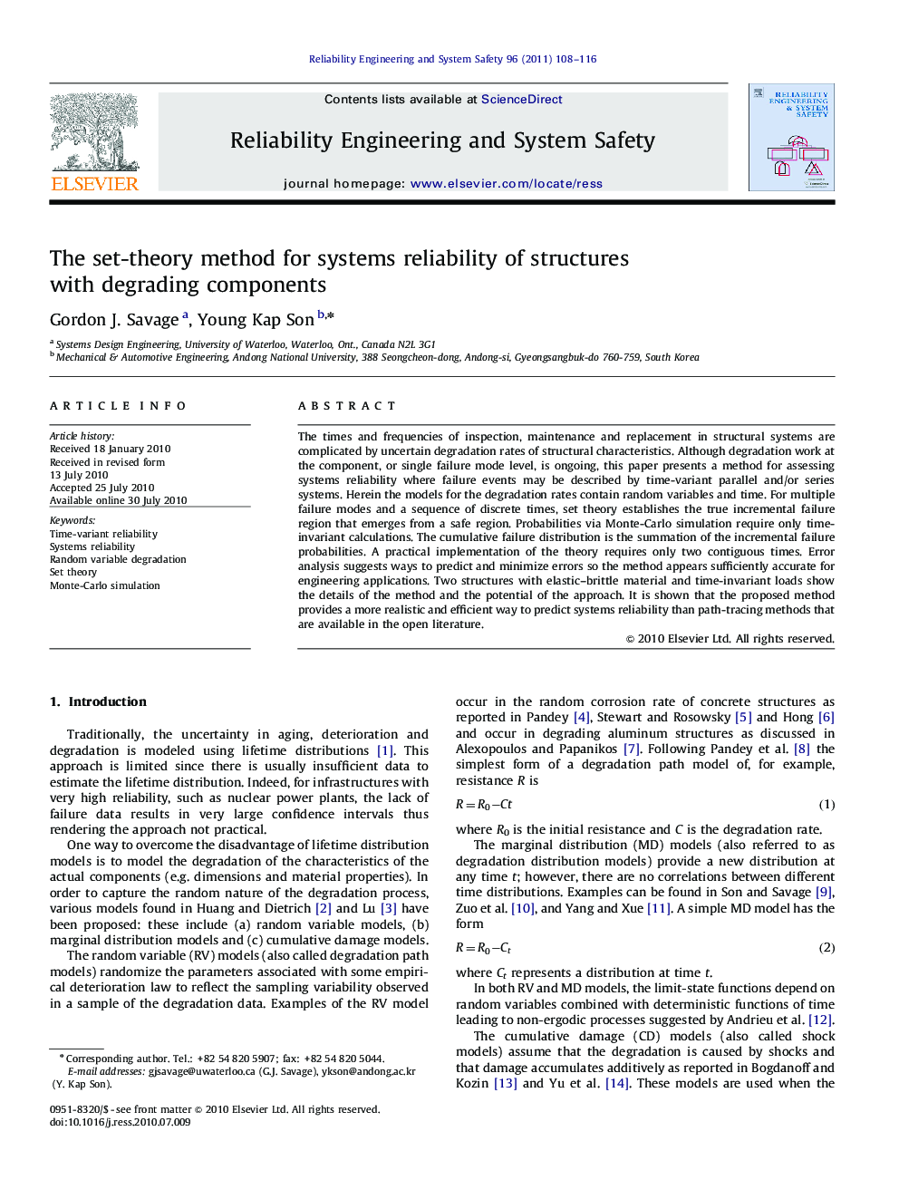 The set-theory method for systems reliability of structures with degrading components