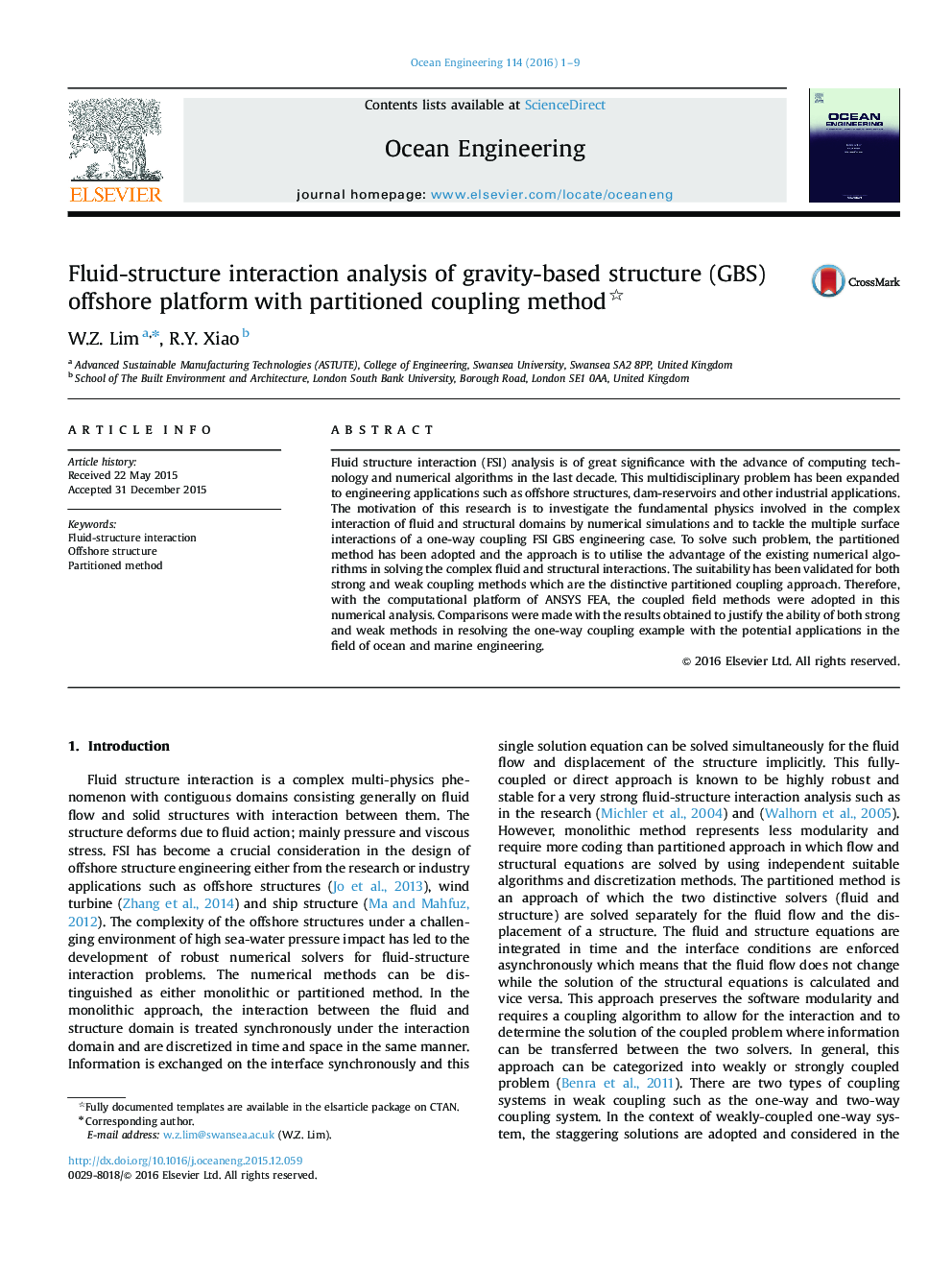 Fluid-structure interaction analysis of gravity-based structure (GBS) offshore platform with partitioned coupling method