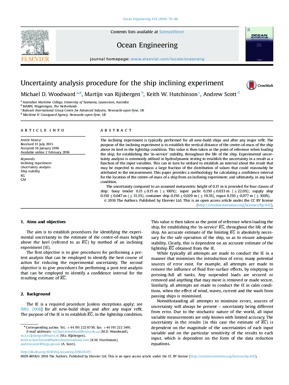 Uncertainty analysis procedure for the ship inclining experiment