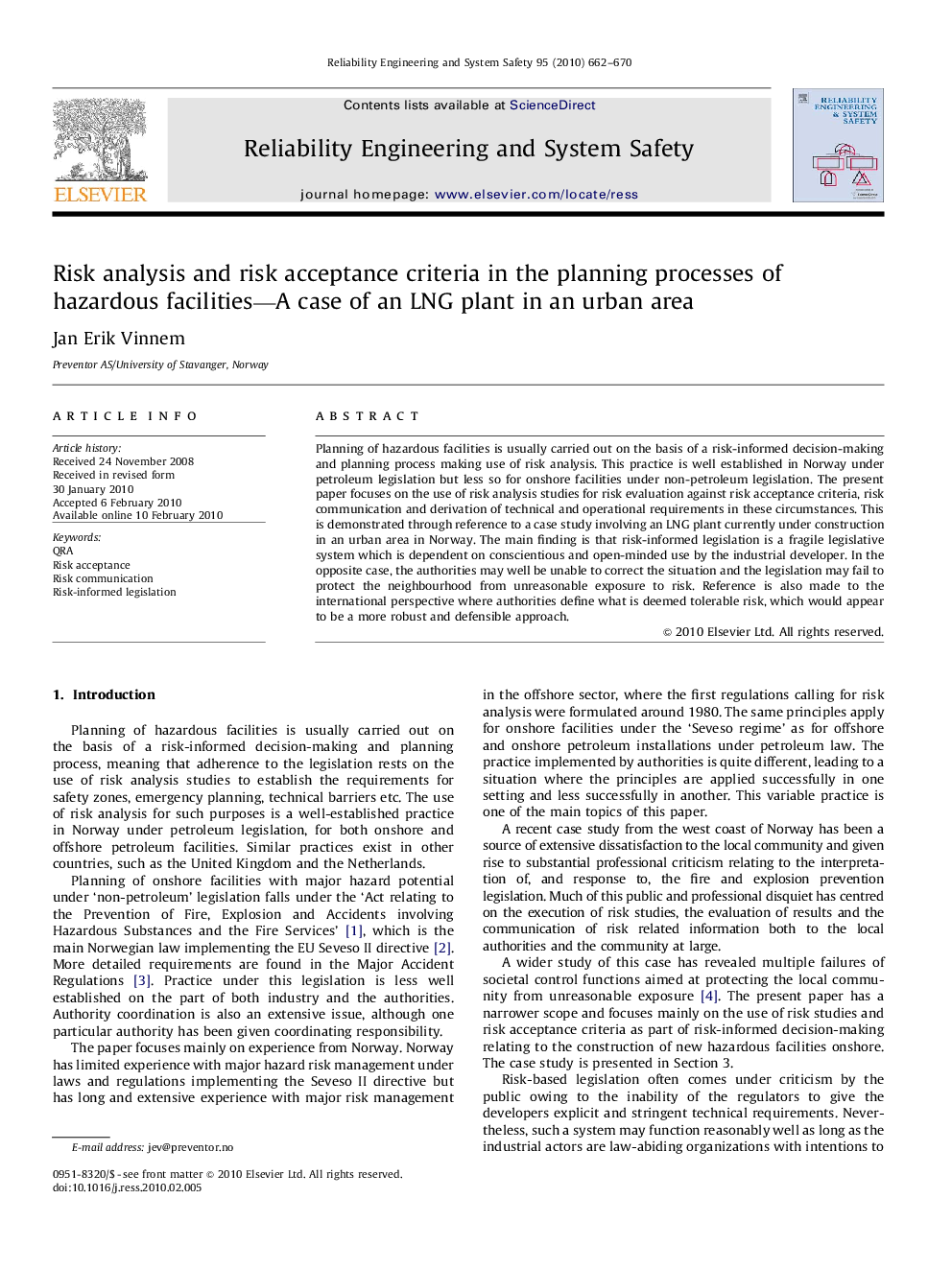 Risk analysis and risk acceptance criteria in the planning processes of hazardous facilities—A case of an LNG plant in an urban area