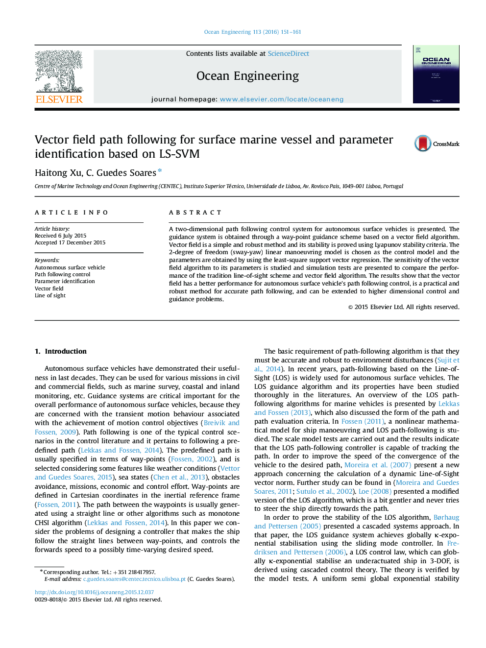 Vector field path following for surface marine vessel and parameter identification based on LS-SVM