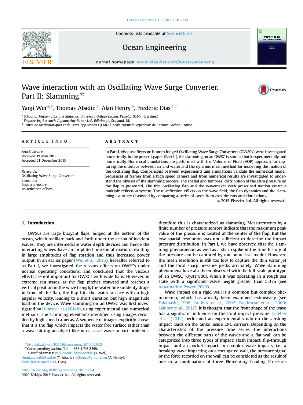 Wave interaction with an Oscillating Wave Surge Converter. Part II: Slamming