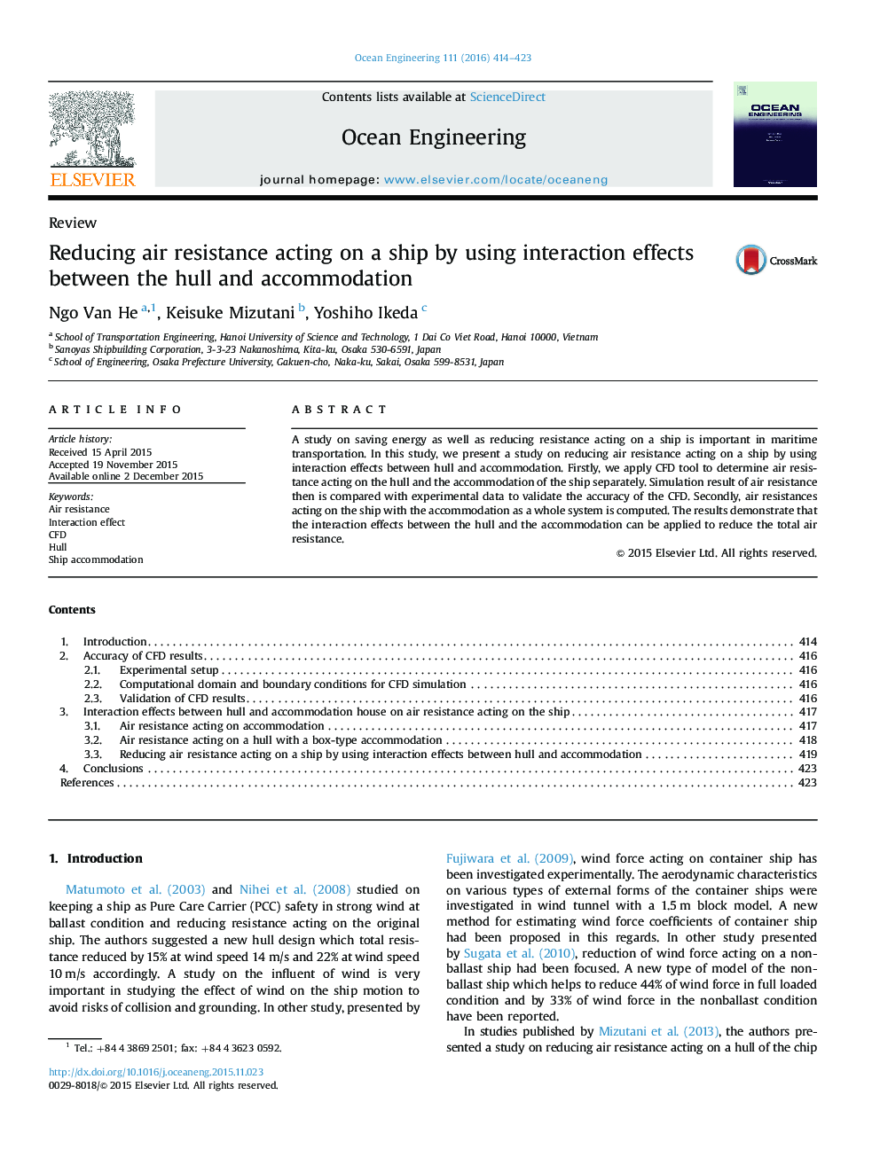 Reducing air resistance acting on a ship by using interaction effects between the hull and accommodation