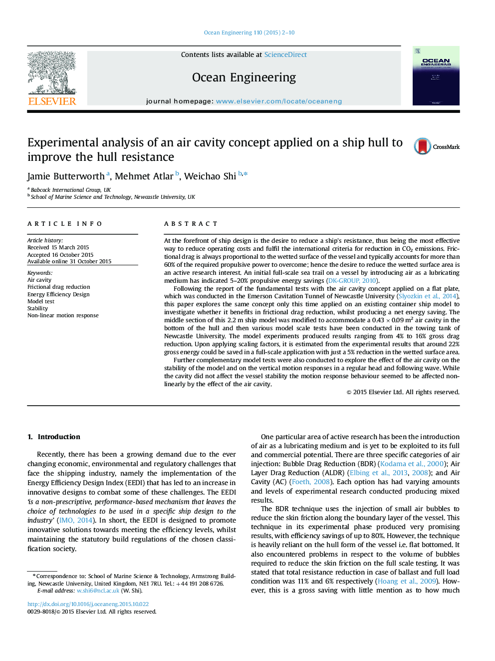 Experimental analysis of an air cavity concept applied on a ship hull to improve the hull resistance