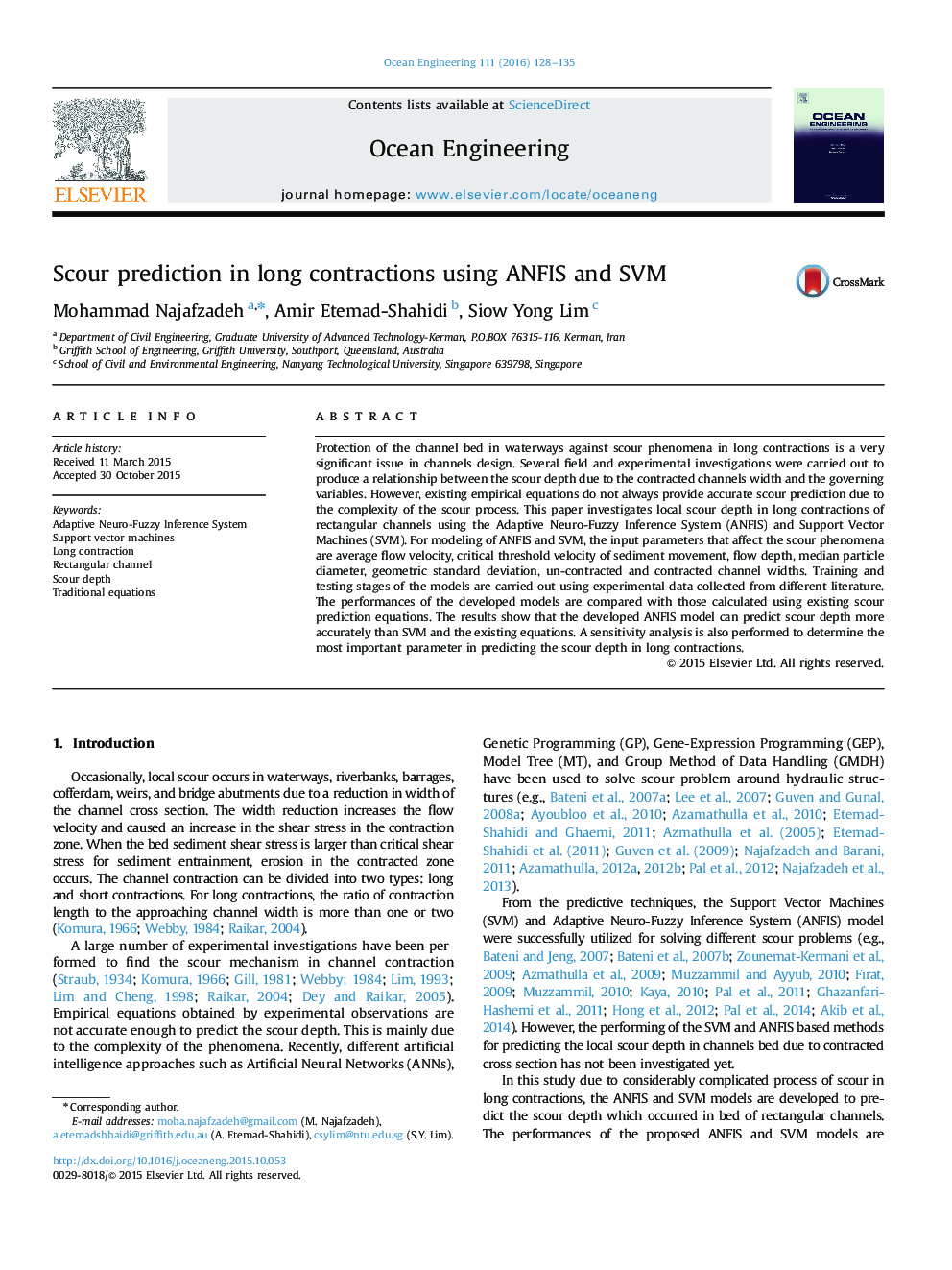 عکس صفحه اول مقاله: Scour prediction in long contractions using ANFIS and SVM Scour prediction in long contractions using ANFIS and SVM