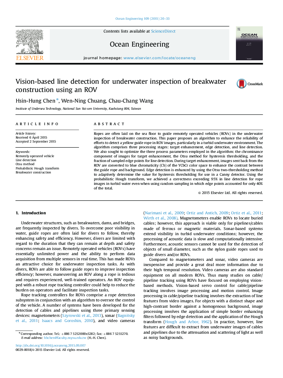 Vision-based line detection for underwater inspection of breakwater construction using an ROV