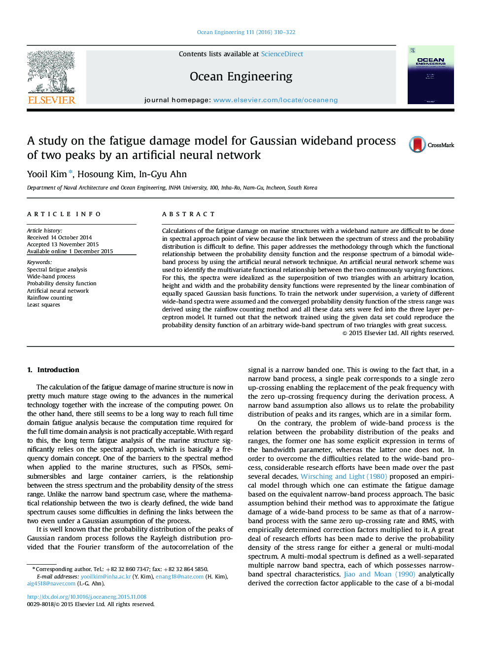 A study on the fatigue damage model for Gaussian wideband process of two peaks by an artificial neural network