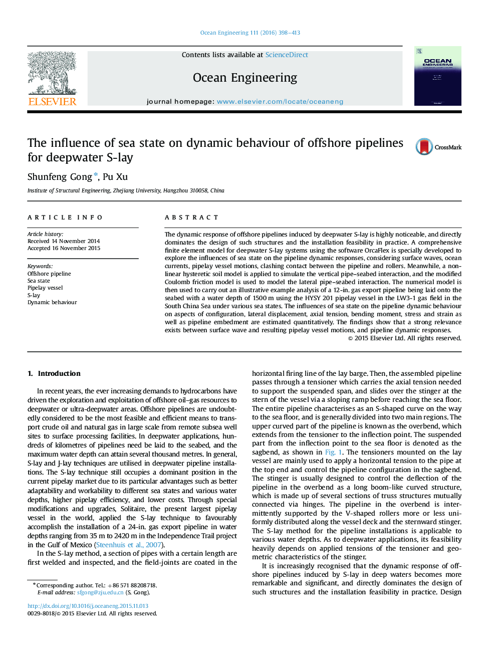 The influence of sea state on dynamic behaviour of offshore pipelines for deepwater S-lay
