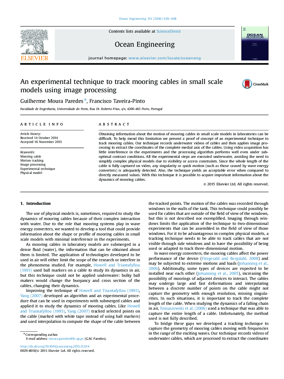 An experimental technique to track mooring cables in small scale models using image processing