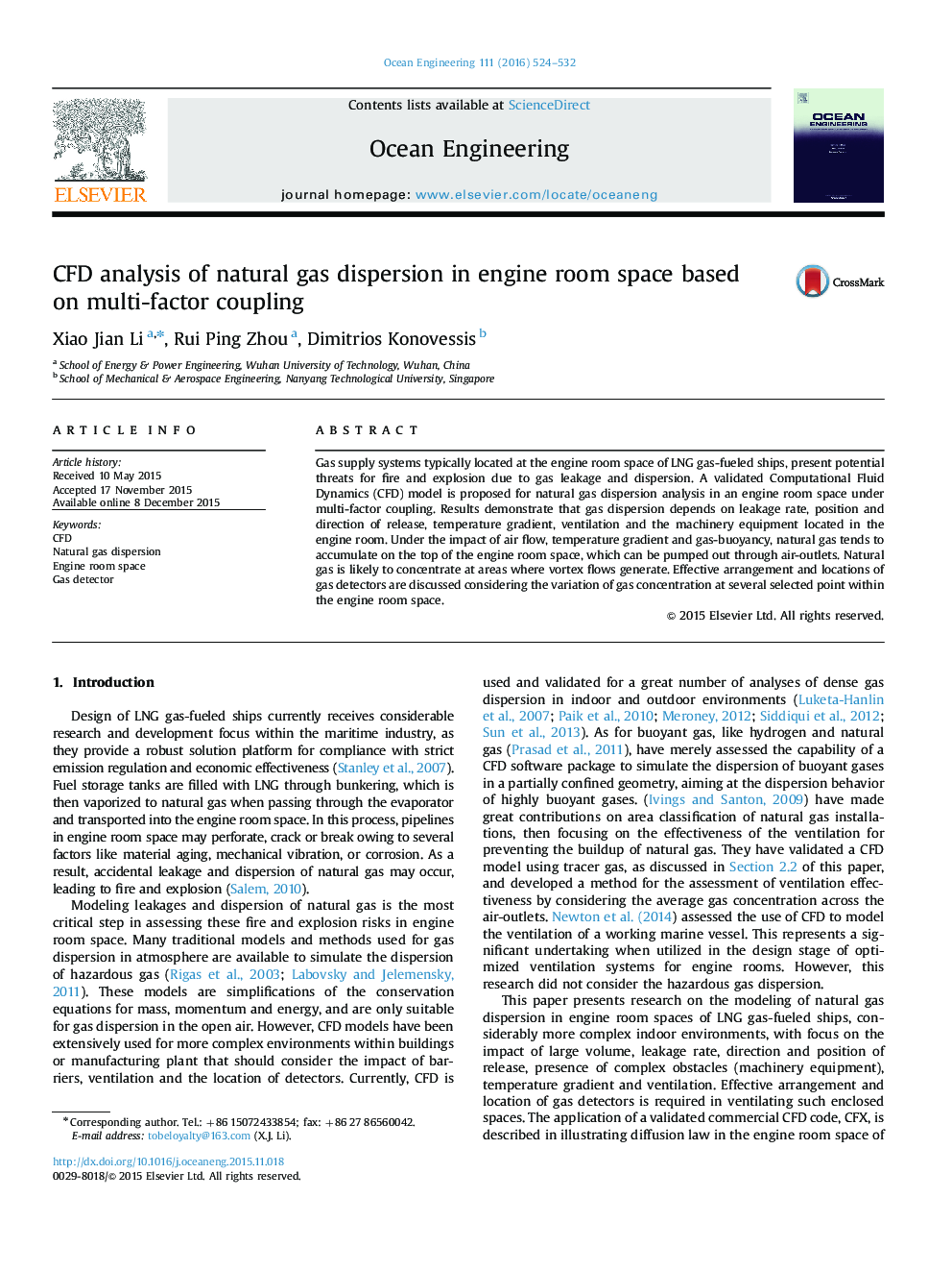 CFD analysis of natural gas dispersion in engine room space based on multi-factor coupling