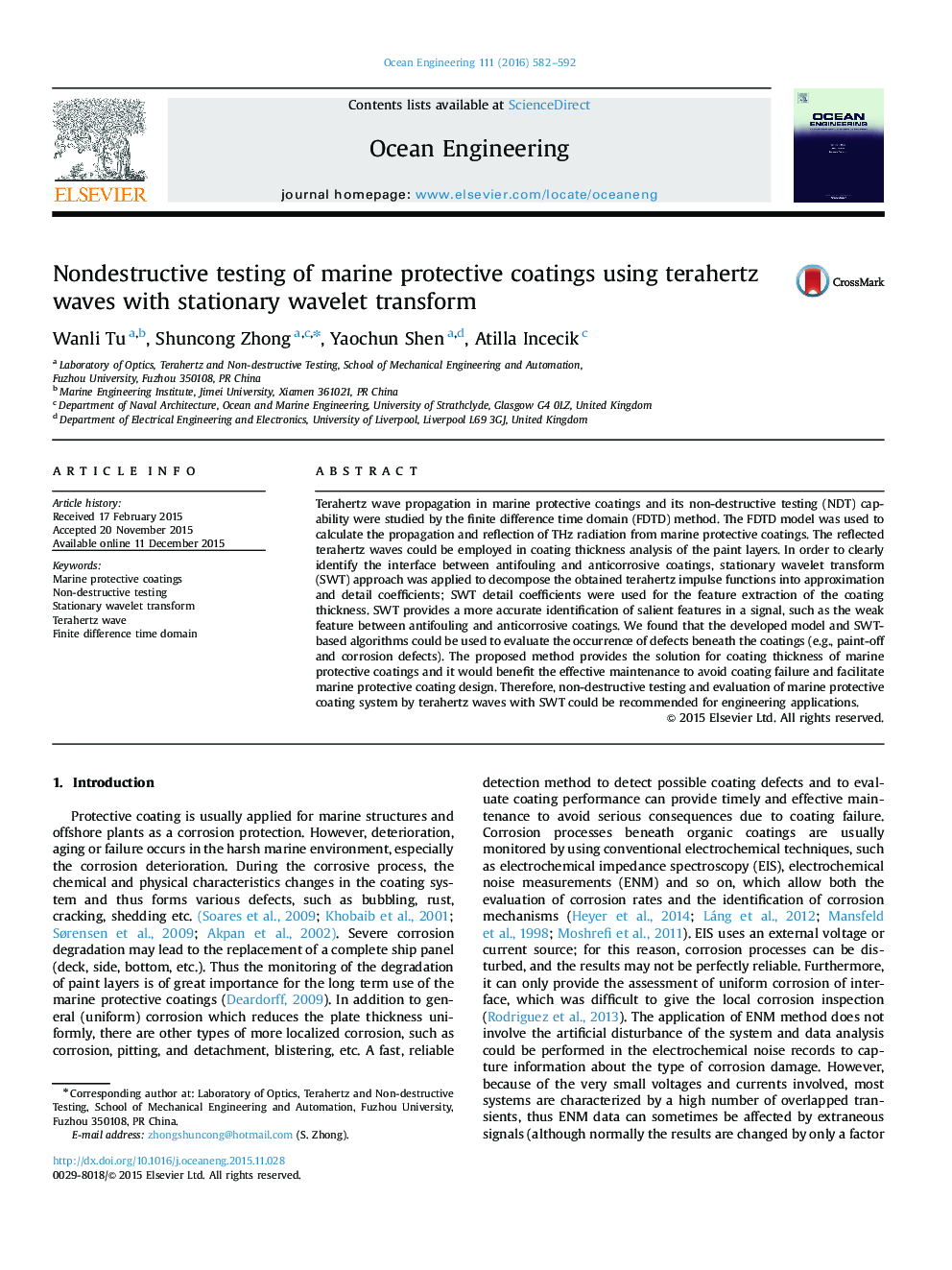 Nondestructive testing of marine protective coatings using terahertz waves with stationary wavelet transform