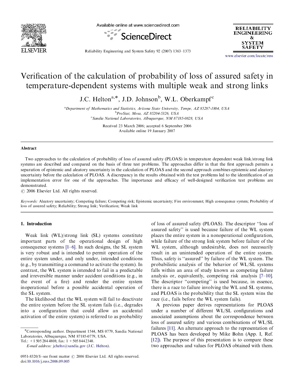 Verification of the calculation of probability of loss of assured safety in temperature-dependent systems with multiple weak and strong links