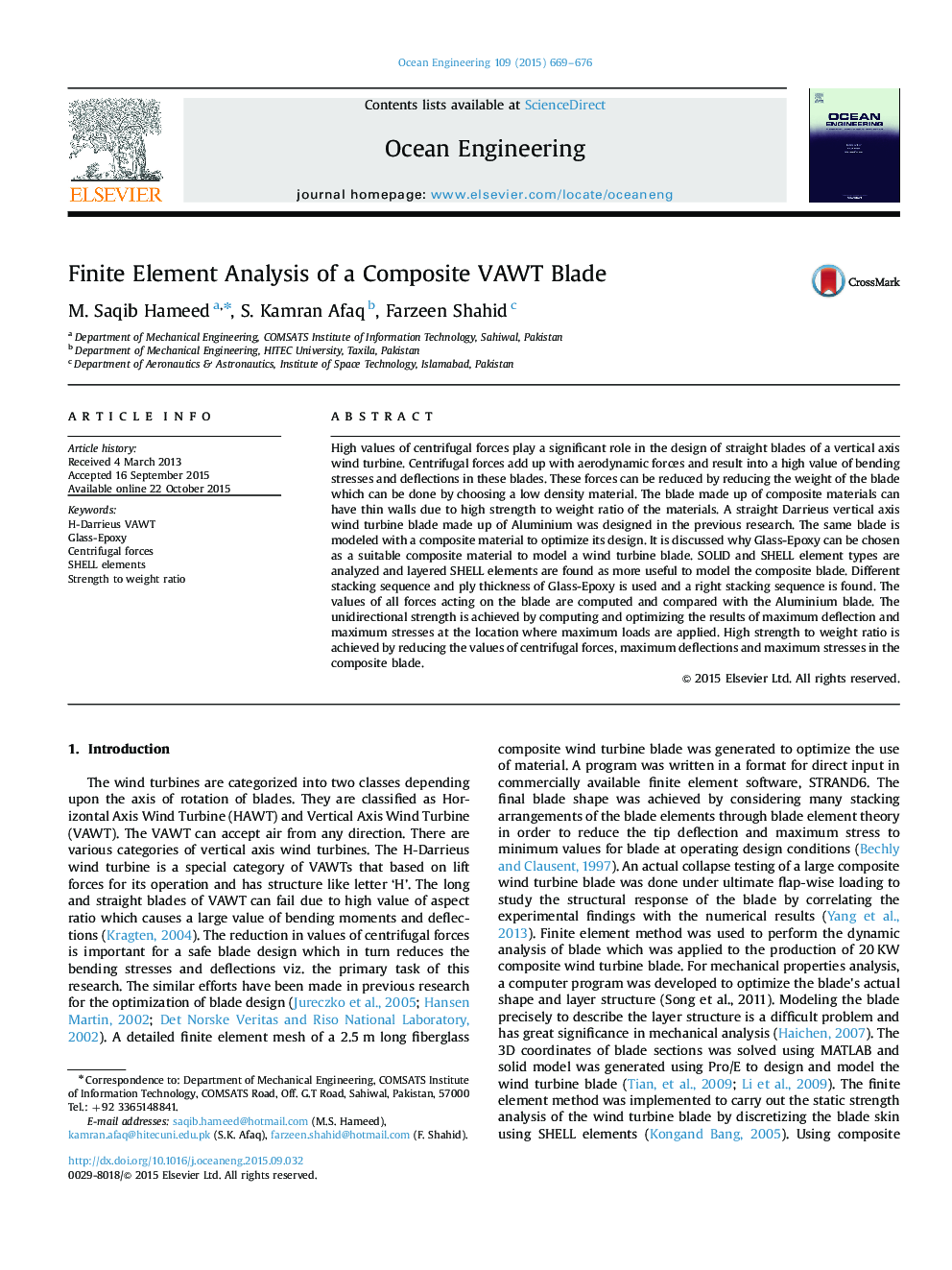 Finite Element Analysis of a Composite VAWT Blade